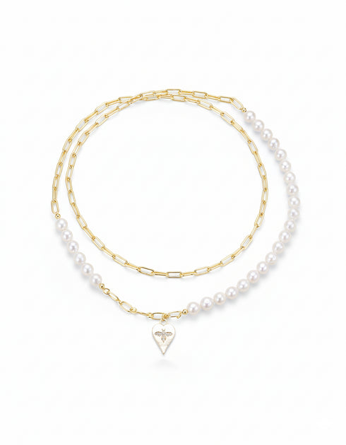 28-Inch Freshwater Pearl & Chain Necklace with Gold Heart Bee Pendant